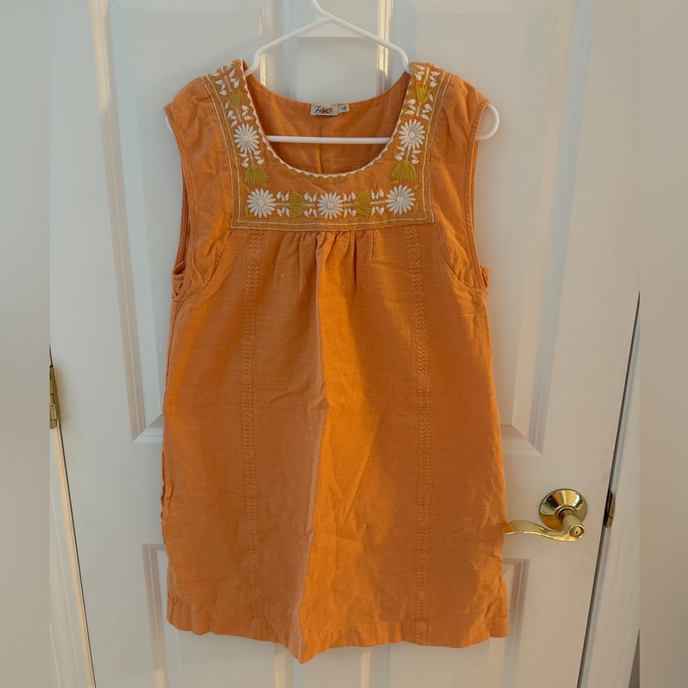 Faherty orange embroidered sleeveless shift dress